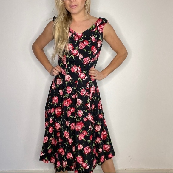 Talbots Black, Pink, Red Floral Retro Dress - Picture 14 of 14